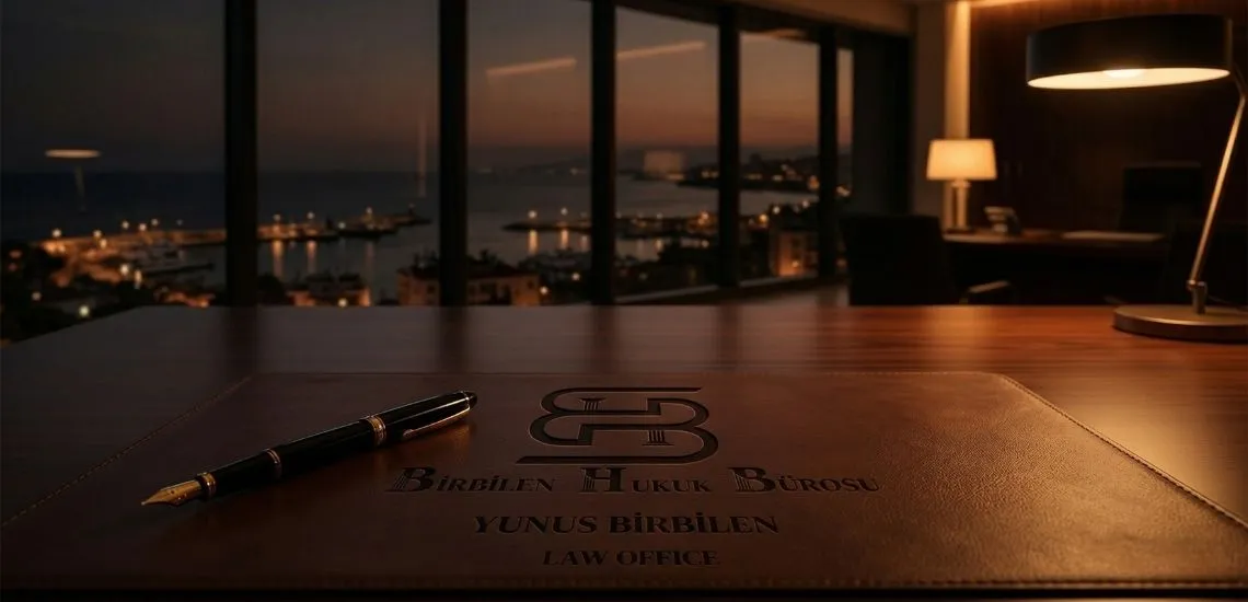 Akşam bir Antalya manzarası bir hukuk ofisi penceresinden. Hukuk ofisi kahverengi siyah tonlarında. Ahşap masa üzerinde deri bir sümen ve üzerinde Birbilen Hukuk bürosu logosu ve Avukat Yunus Birbilen yazıyor.