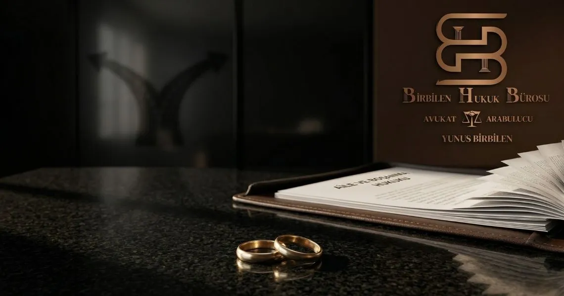 Siyah ve Kahverengi tonlarında bir Avukatlık ofisi. Siyah masa üzerinde iki adet Alyans. Masadaki dosyada Aile hukuku yazıyor. Duvarda gölge halinde bir yol ayrımı. Masa üzerinde Birbilen Hukuk Bürosu Logosu olan Avukat Yunus Birbilen yazılı bir isimlik, kahverengi tonlarında.