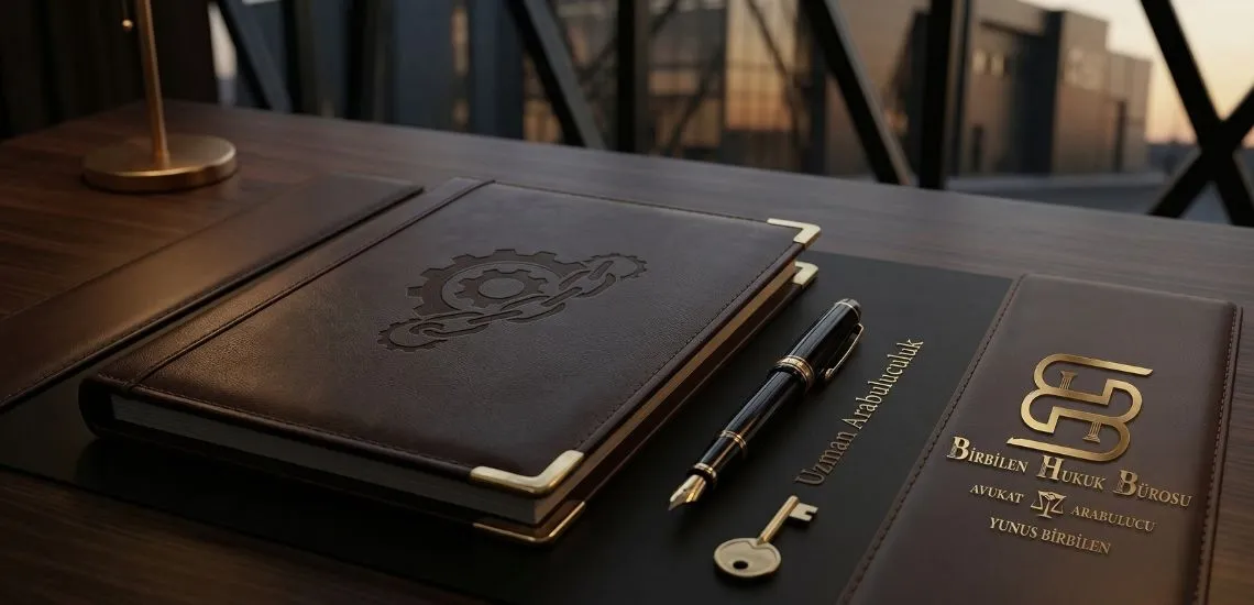 Kahverengi ve siyah tonlarında şık bir hukuk bürosu. Siyah ahşap masa üzerinde İş hukuku ile ilgili bir yasa kitabı siyah bir dolma kalem ve üzerinde Birbilen hukuk bürosu logosu ve avukat Yunus Birbilen ismi yazılı siyah bir ajanda.