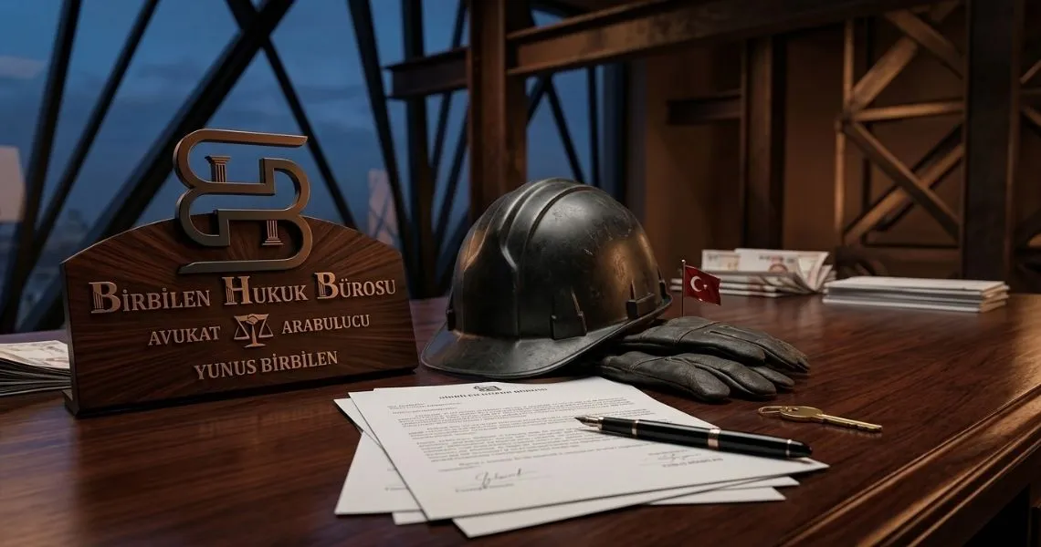 Avukat Yunus Birbilen ofisinde masa üzerinde siyeh işçi bareti, siyah işçi eldiveni var. Masada iş hukuku ile ilgili belgeler ve Birbilen Hukuk Bürosuna kahverengi tonlarında ait bir masa isimliği ve logo bulunmakta.
