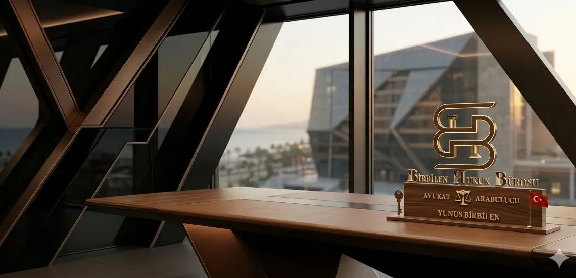 Kahverengi ve siyah tonlarda bir hukuk bürosu. Ahşap masa üzerinde Birbilen Hukuk bürosu logosu ve Avukat Yunus Birbilen yazan bir isimlik. Masanın arka tarafındanda büyük bir cam ve şehir manzarası ile büyük bir bina.